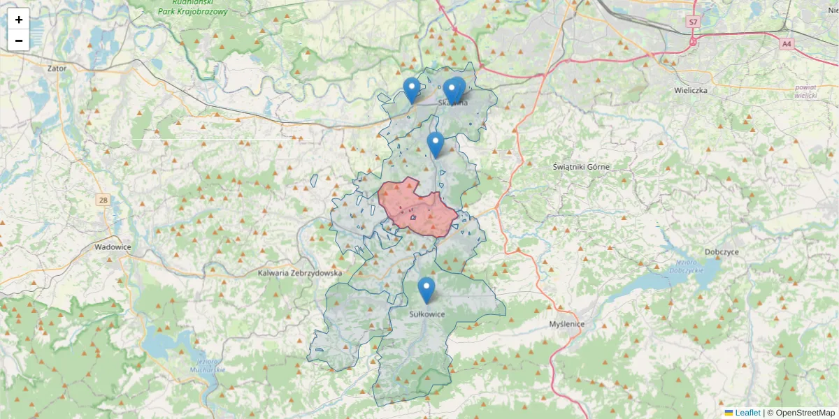 Szczegółowa mapa kodu pocztowego 32-053 z granicami, sąsiednimi kodami pocztowymi i urzędami pocztowymi