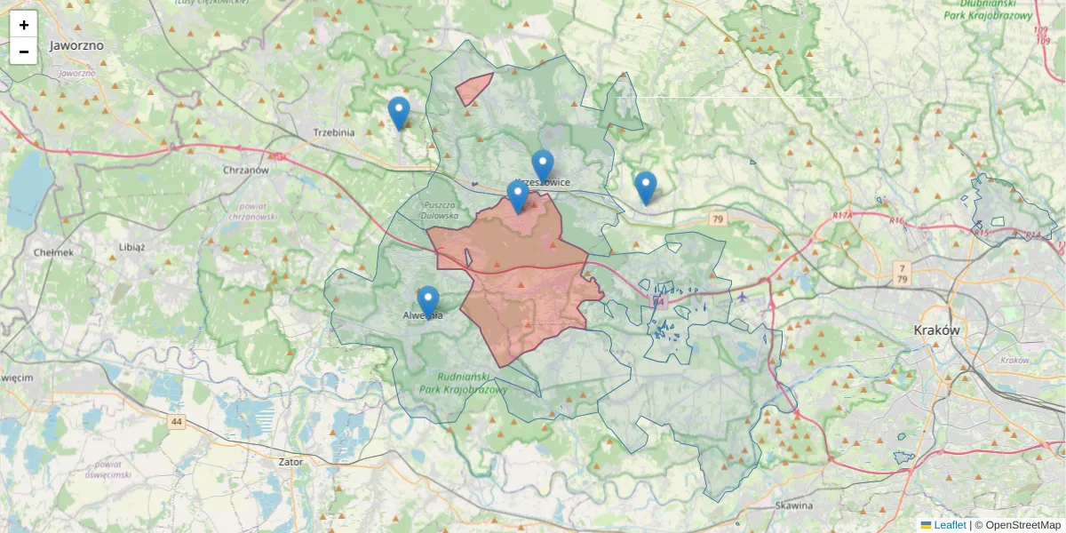 Szczegółowa mapa kodu pocztowego 32-067 z granicami, sąsiednimi kodami pocztowymi i urzędami pocztowymi