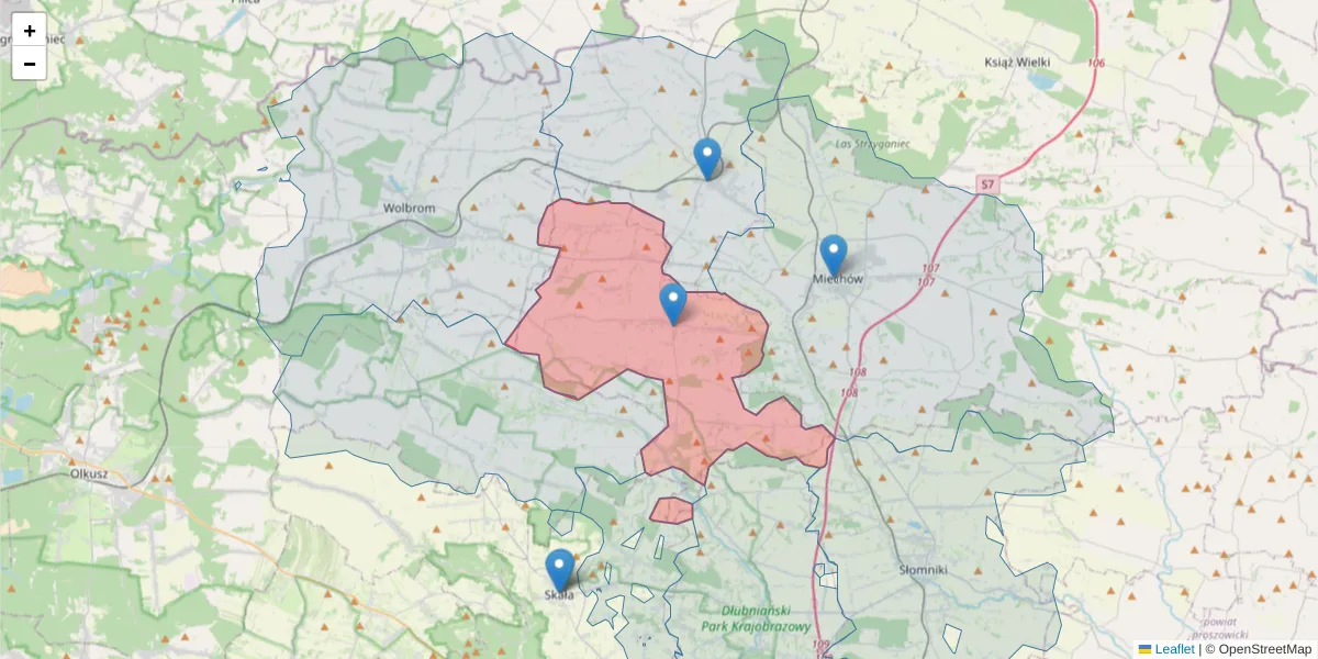 Szczegółowa mapa kodu pocztowego 32-075 z granicami, sąsiednimi kodami pocztowymi i urzędami pocztowymi