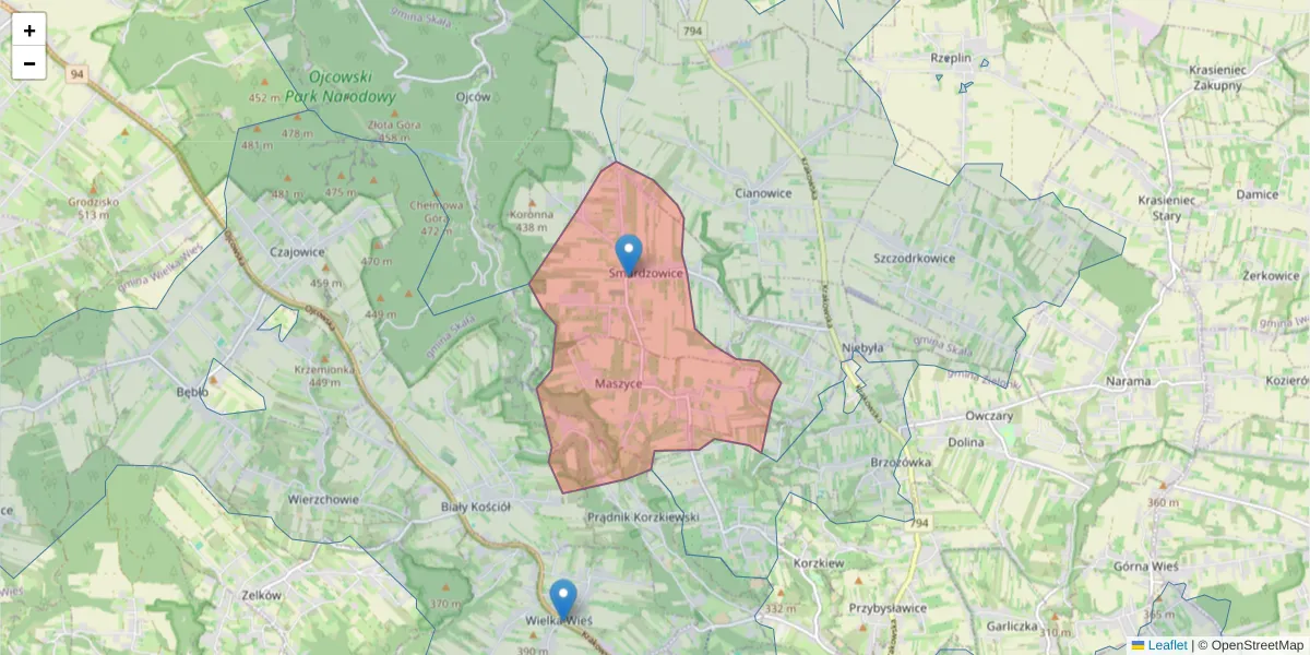 Szczegółowa mapa kodu pocztowego 32-077 z granicami, sąsiednimi kodami pocztowymi i urzędami pocztowymi