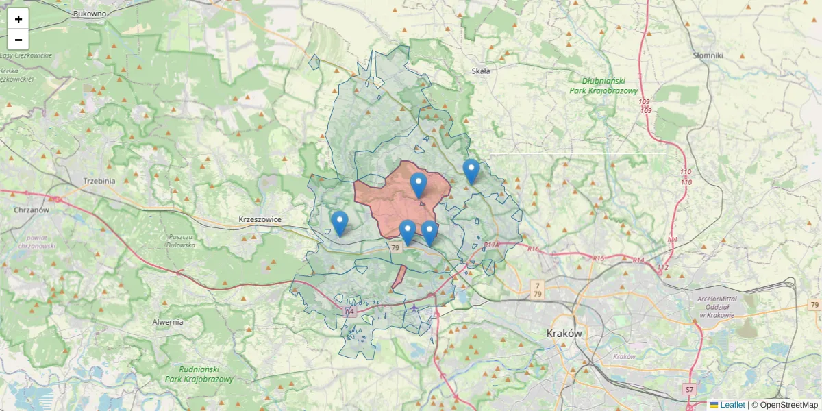 Szczegółowa mapa kodu pocztowego 32-082 z granicami, sąsiednimi kodami pocztowymi i urzędami pocztowymi