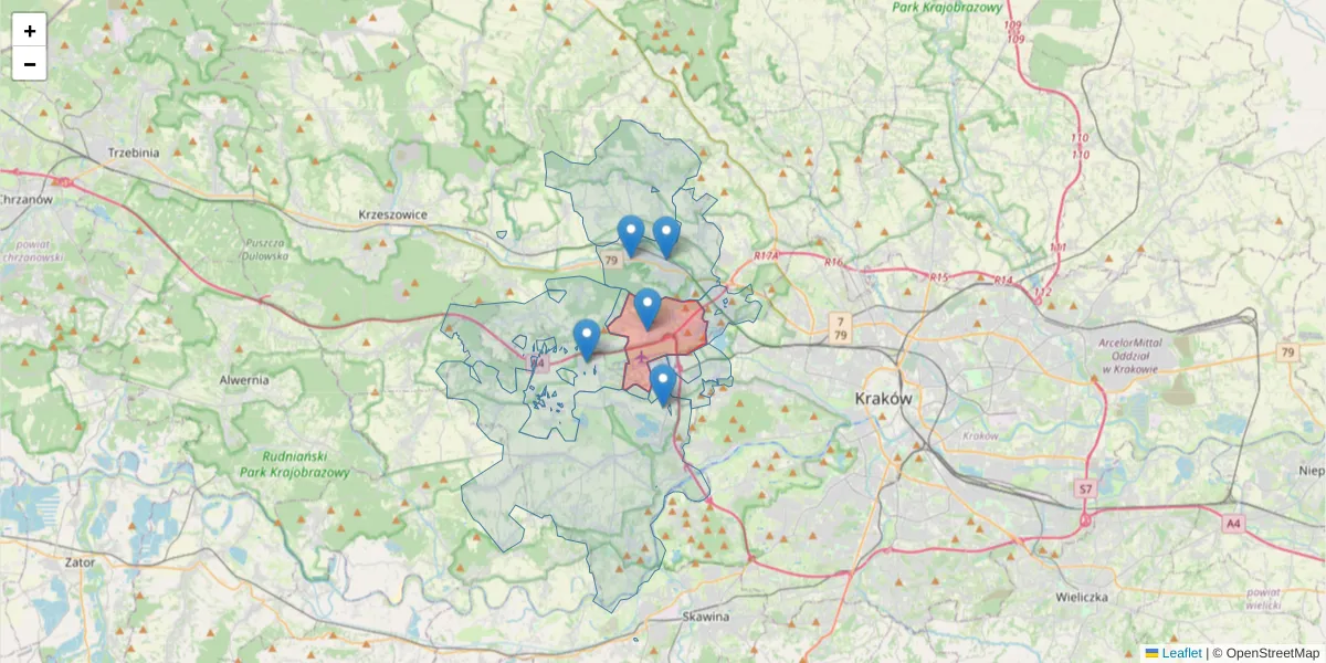 Szczegółowa mapa kodu pocztowego 32-083 z granicami, sąsiednimi kodami pocztowymi i urzędami pocztowymi