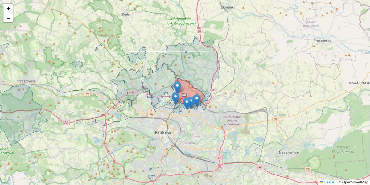 Szczegółowa mapa kodu pocztowego 32-086 z granicami, sąsiednimi kodami pocztowymi i urzędami pocztowymi