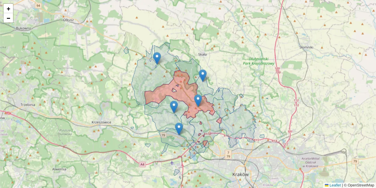 Szczegółowa mapa kodu pocztowego 32-089 z granicami, sąsiednimi kodami pocztowymi i urzędami pocztowymi