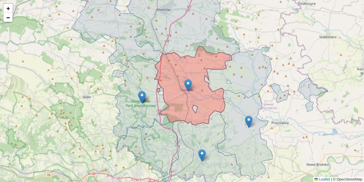 Szczegółowa mapa kodu pocztowego 32-090 z granicami, sąsiednimi kodami pocztowymi i urzędami pocztowymi