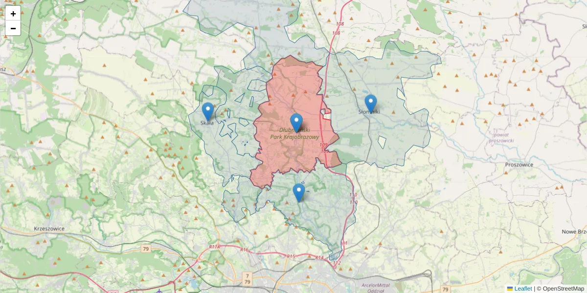 Szczegółowa mapa kodu pocztowego 32-095 z granicami, sąsiednimi kodami pocztowymi i urzędami pocztowymi