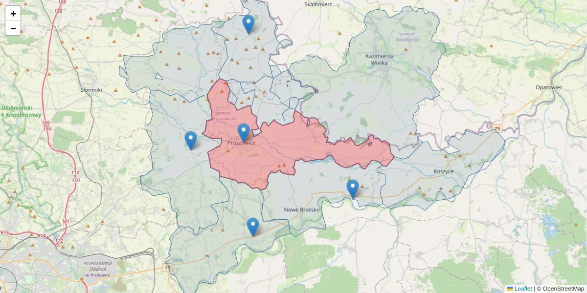 Szczegółowa mapa kodu pocztowego 32-100 z granicami, sąsiednimi kodami pocztowymi i urzędami pocztowymi