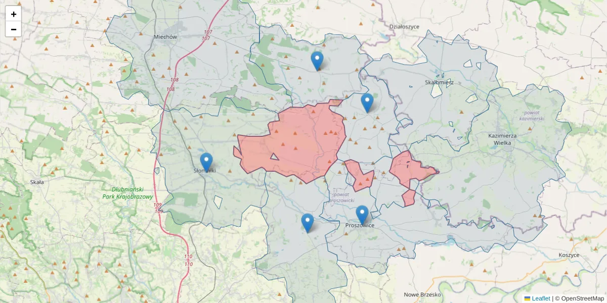Szczegółowa mapa kodu pocztowego 32-107 z granicami, sąsiednimi kodami pocztowymi i urzędami pocztowymi