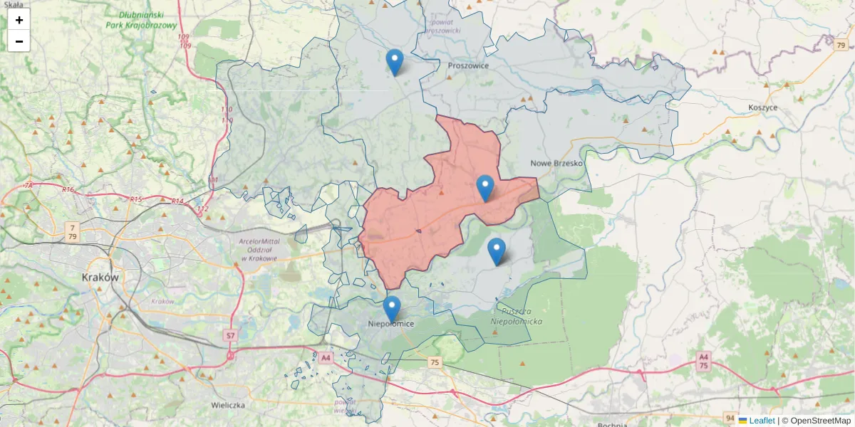 Szczegółowa mapa kodu pocztowego 32-125 z granicami, sąsiednimi kodami pocztowymi i urzędami pocztowymi