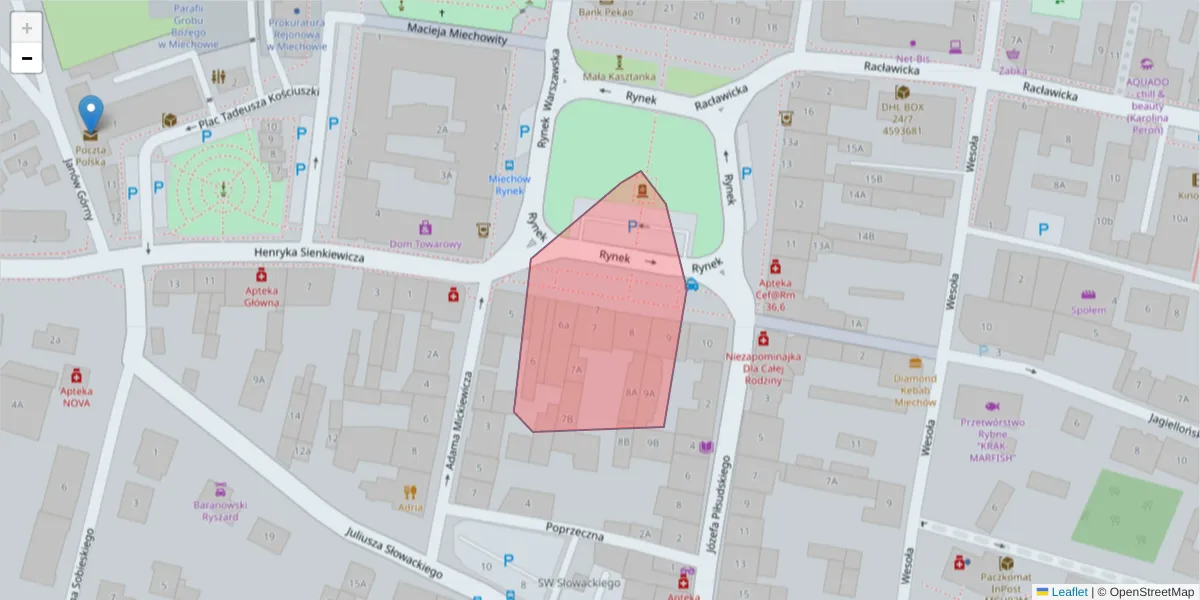Szczegółowa mapa kodu pocztowego 32-201 z granicami, sąsiednimi kodami pocztowymi i urzędami pocztowymi