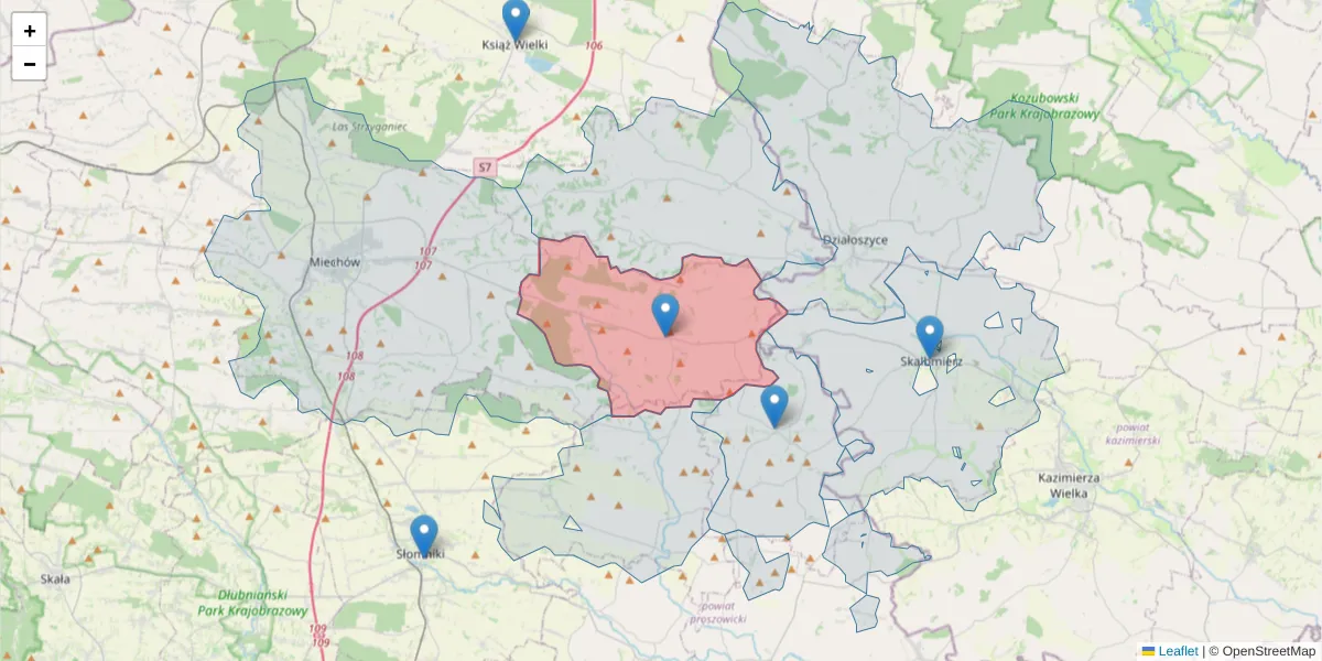 Szczegółowa mapa kodu pocztowego 32-222 z granicami, sąsiednimi kodami pocztowymi i urzędami pocztowymi