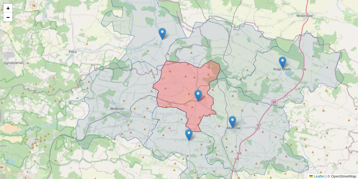 Szczegółowa mapa kodu pocztowego 32-250 z granicami, sąsiednimi kodami pocztowymi i urzędami pocztowymi