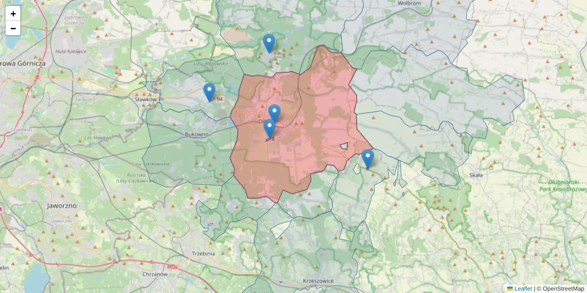Szczegółowa mapa kodu pocztowego 32-300 z granicami, sąsiednimi kodami pocztowymi i urzędami pocztowymi