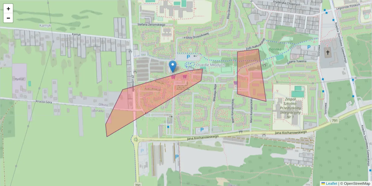Szczegółowa mapa kodu pocztowego 32-305 z granicami, sąsiednimi kodami pocztowymi i urzędami pocztowymi