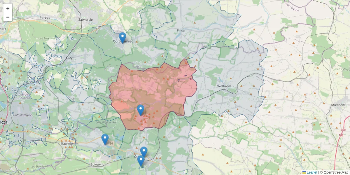 Szczegółowa mapa kodu pocztowego 32-310 z granicami, sąsiednimi kodami pocztowymi i urzędami pocztowymi