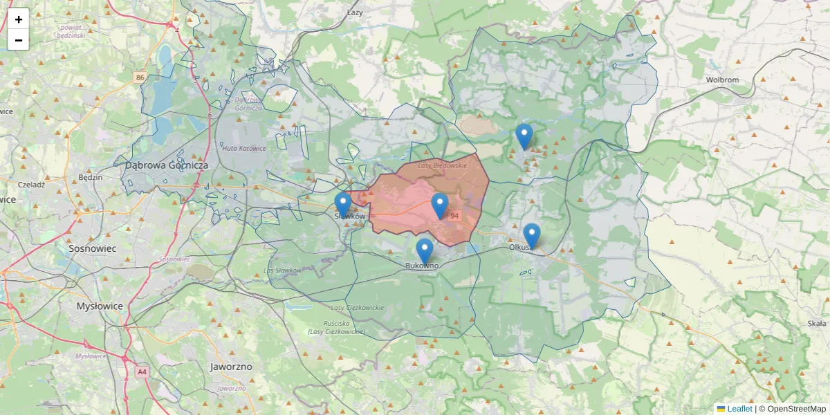 Szczegółowa mapa kodu pocztowego 32-329 z granicami, sąsiednimi kodami pocztowymi i urzędami pocztowymi
