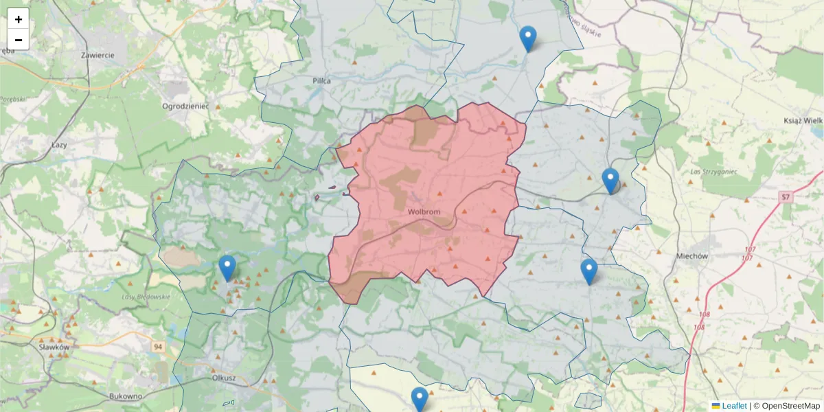 Szczegółowa mapa kodu pocztowego 32-340 z granicami, sąsiednimi kodami pocztowymi i urzędami pocztowymi