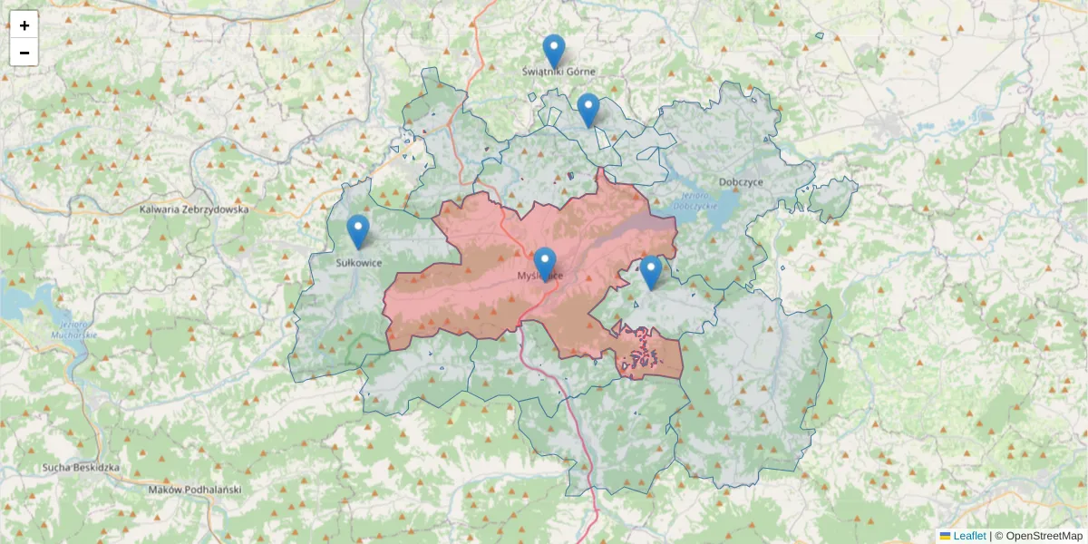Szczegółowa mapa kodu pocztowego 32-400 z granicami, sąsiednimi kodami pocztowymi i urzędami pocztowymi