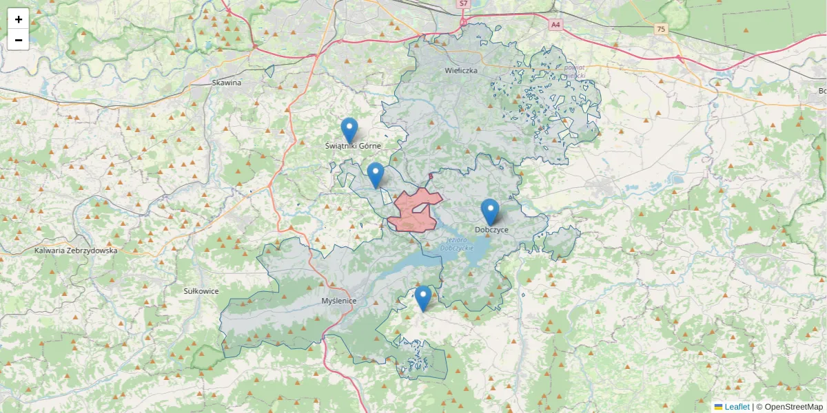 Szczegółowa mapa kodu pocztowego 32-406 z granicami, sąsiednimi kodami pocztowymi i urzędami pocztowymi