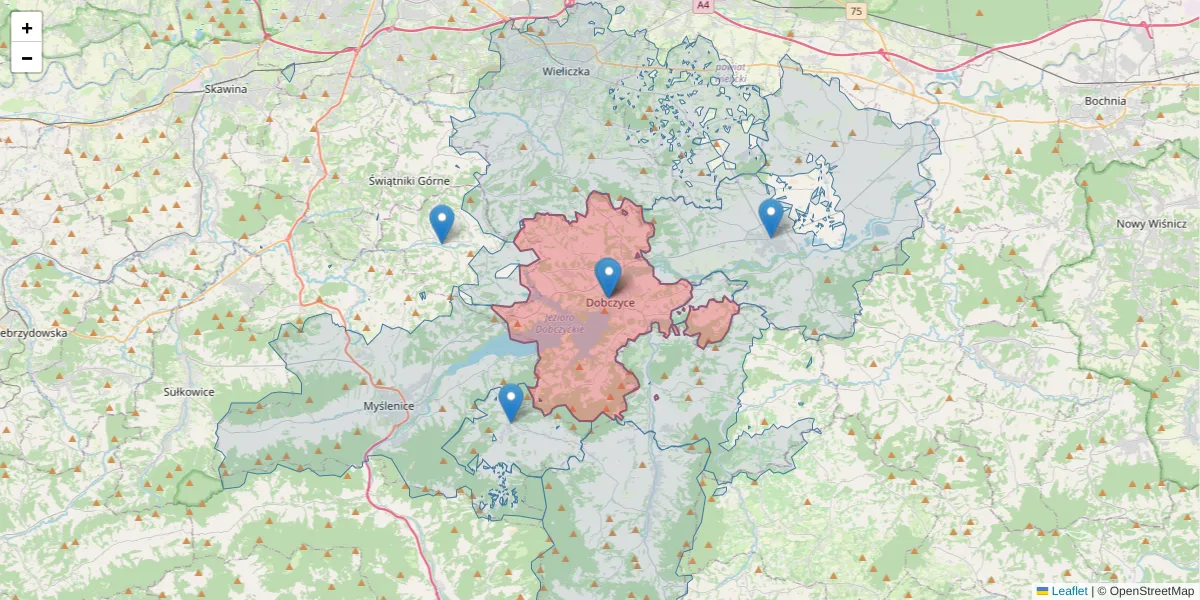 Szczegółowa mapa kodu pocztowego 32-410 z granicami, sąsiednimi kodami pocztowymi i urzędami pocztowymi