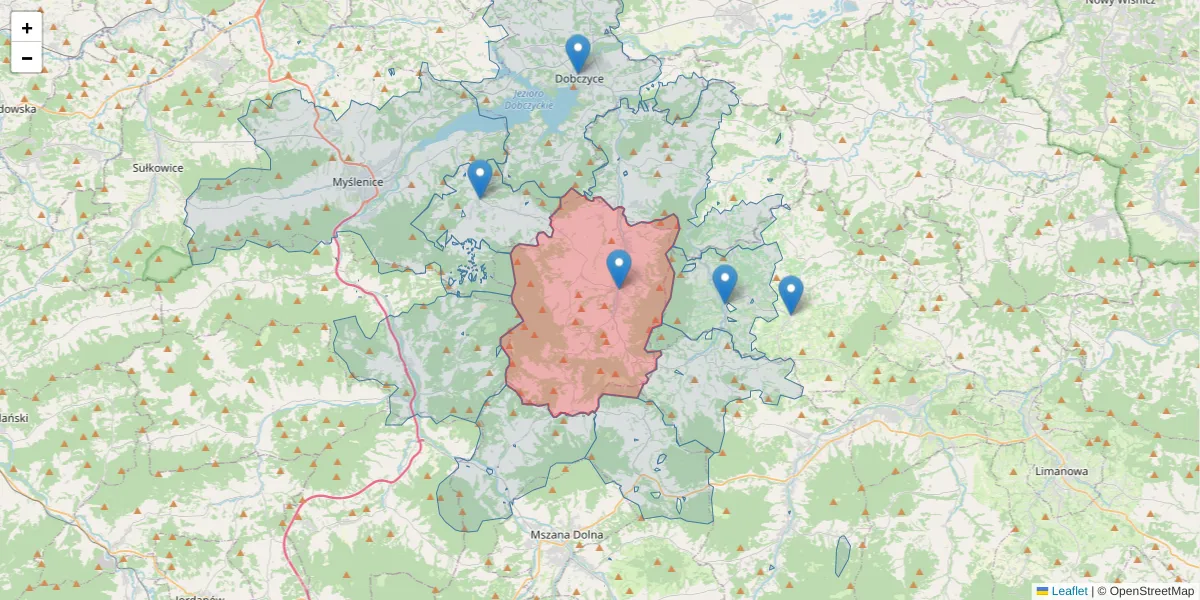 Szczegółowa mapa kodu pocztowego 32-412 z granicami, sąsiednimi kodami pocztowymi i urzędami pocztowymi