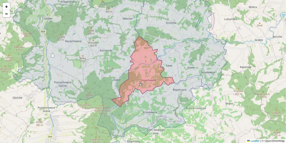 Szczegółowa mapa kodu pocztowego 32-413 z granicami, sąsiednimi kodami pocztowymi i urzędami pocztowymi