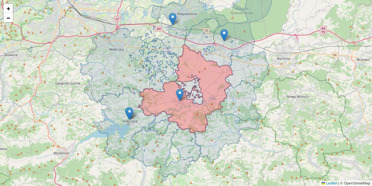 Szczegółowa mapa kodu pocztowego 32-420 z granicami, sąsiednimi kodami pocztowymi i urzędami pocztowymi