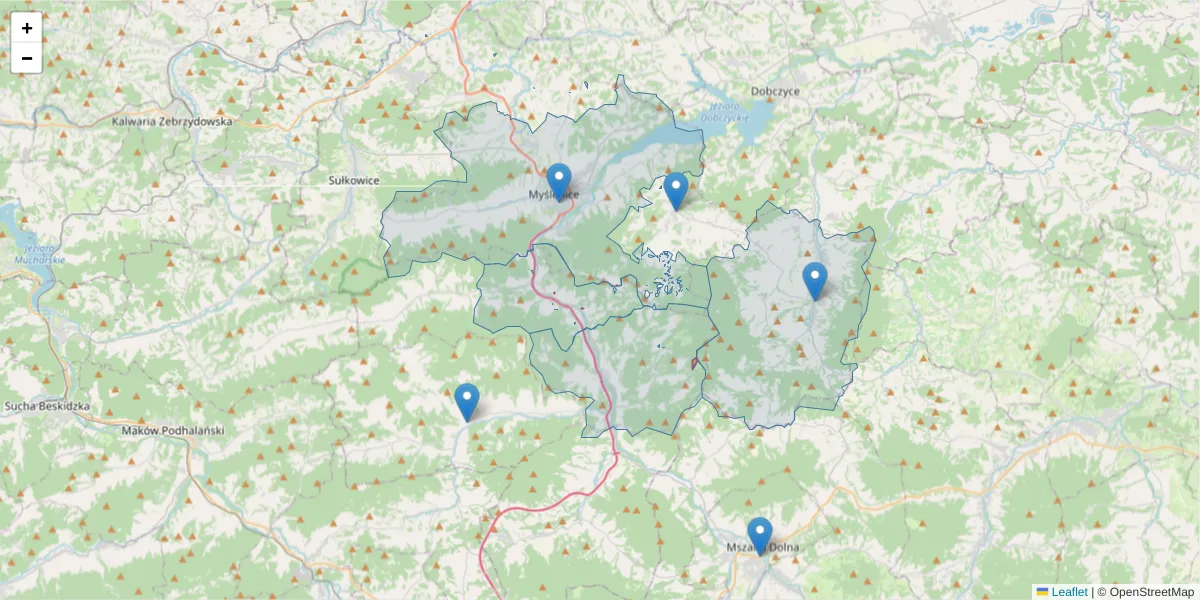 Szczegółowa mapa kodu pocztowego 32-421 z granicami, sąsiednimi kodami pocztowymi i urzędami pocztowymi