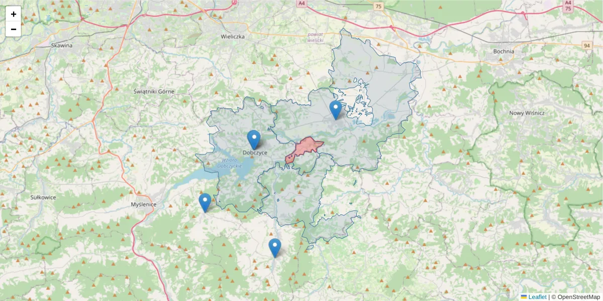 Szczegółowa mapa kodu pocztowego 32-422 z granicami, sąsiednimi kodami pocztowymi i urzędami pocztowymi