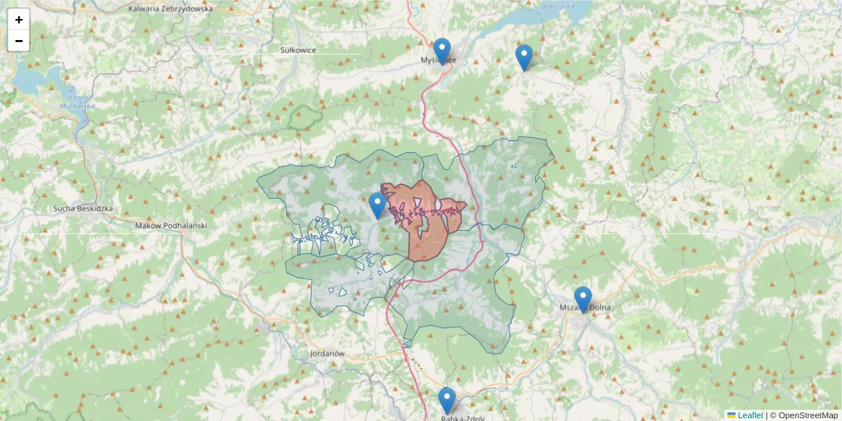 Szczegółowa mapa kodu pocztowego 32-435 z granicami, sąsiednimi kodami pocztowymi i urzędami pocztowymi