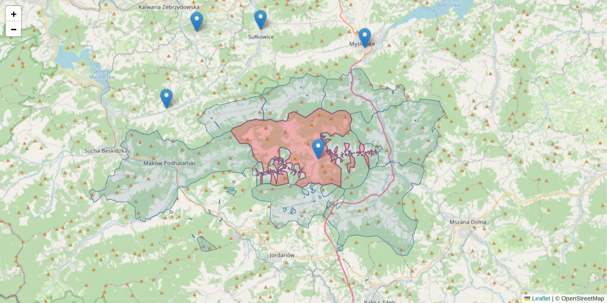 Szczegółowa mapa kodu pocztowego 32-436 z granicami, sąsiednimi kodami pocztowymi i urzędami pocztowymi
