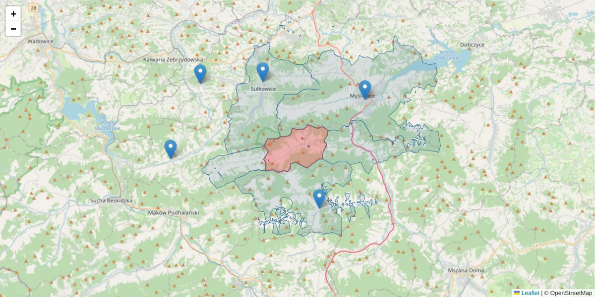 Szczegółowa mapa kodu pocztowego 32-438 z granicami, sąsiednimi kodami pocztowymi i urzędami pocztowymi