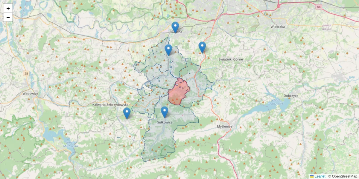 Szczegółowa mapa kodu pocztowego 32-442 z granicami, sąsiednimi kodami pocztowymi i urzędami pocztowymi