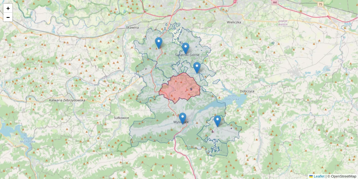Szczegółowa mapa kodu pocztowego 32-445 z granicami, sąsiednimi kodami pocztowymi i urzędami pocztowymi
