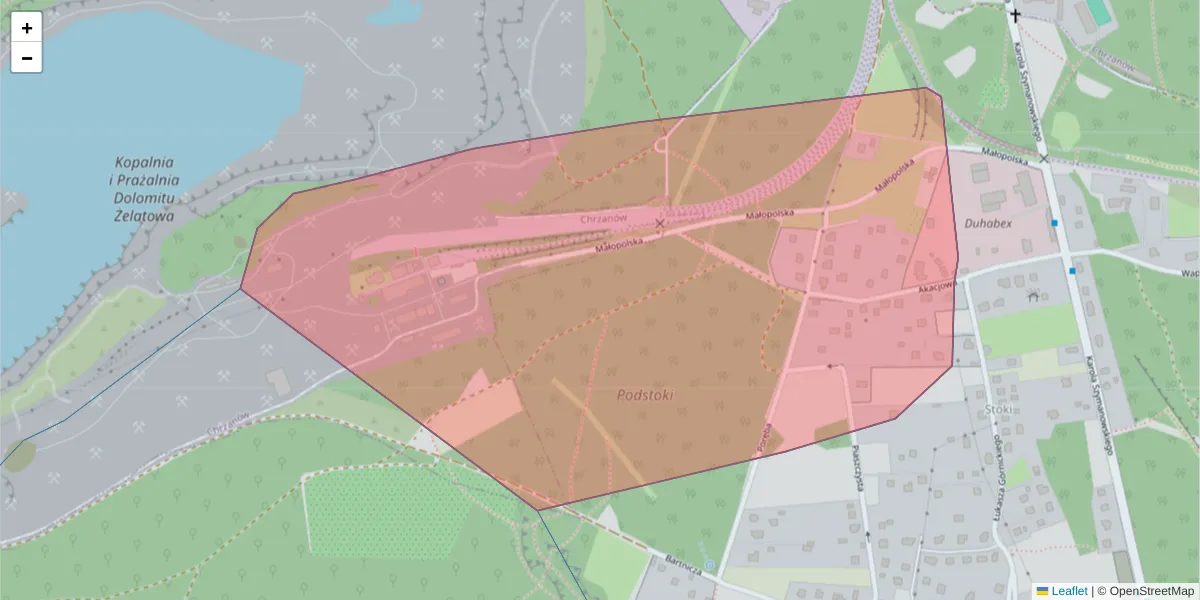 Szczegółowa mapa kodu pocztowego 32-501 z granicami, sąsiednimi kodami pocztowymi i urzędami pocztowymi