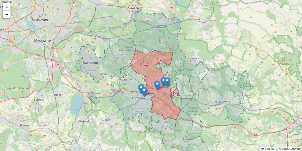 Szczegółowa mapa kodu pocztowego 32-540 z granicami, sąsiednimi kodami pocztowymi i urzędami pocztowymi