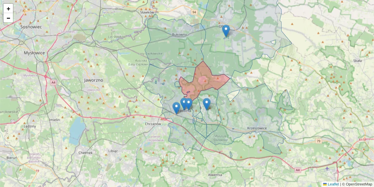 Szczegółowa mapa kodu pocztowego 32-543 z granicami, sąsiednimi kodami pocztowymi i urzędami pocztowymi