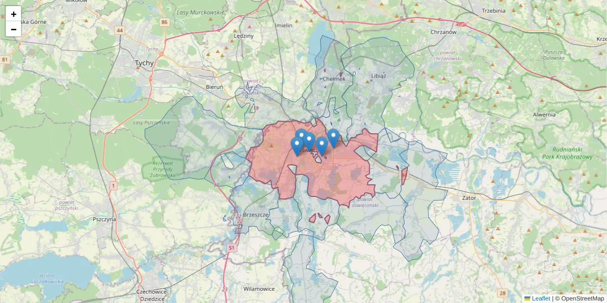 Szczegółowa mapa kodu pocztowego 32-600 z granicami, sąsiednimi kodami pocztowymi i urzędami pocztowymi