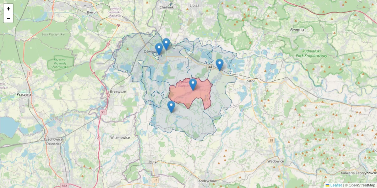 Szczegółowa mapa kodu pocztowego 32-607 z granicami, sąsiednimi kodami pocztowymi i urzędami pocztowymi
