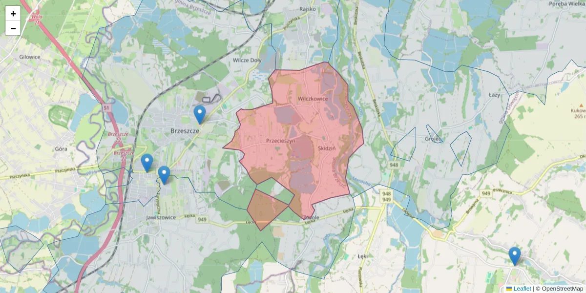 Szczegółowa mapa kodu pocztowego 32-625 z granicami, sąsiednimi kodami pocztowymi i urzędami pocztowymi