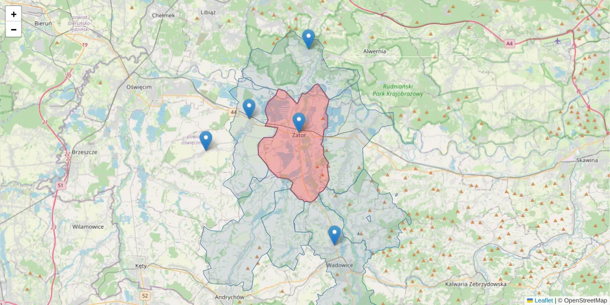 Szczegółowa mapa kodu pocztowego 32-640 z granicami, sąsiednimi kodami pocztowymi i urzędami pocztowymi