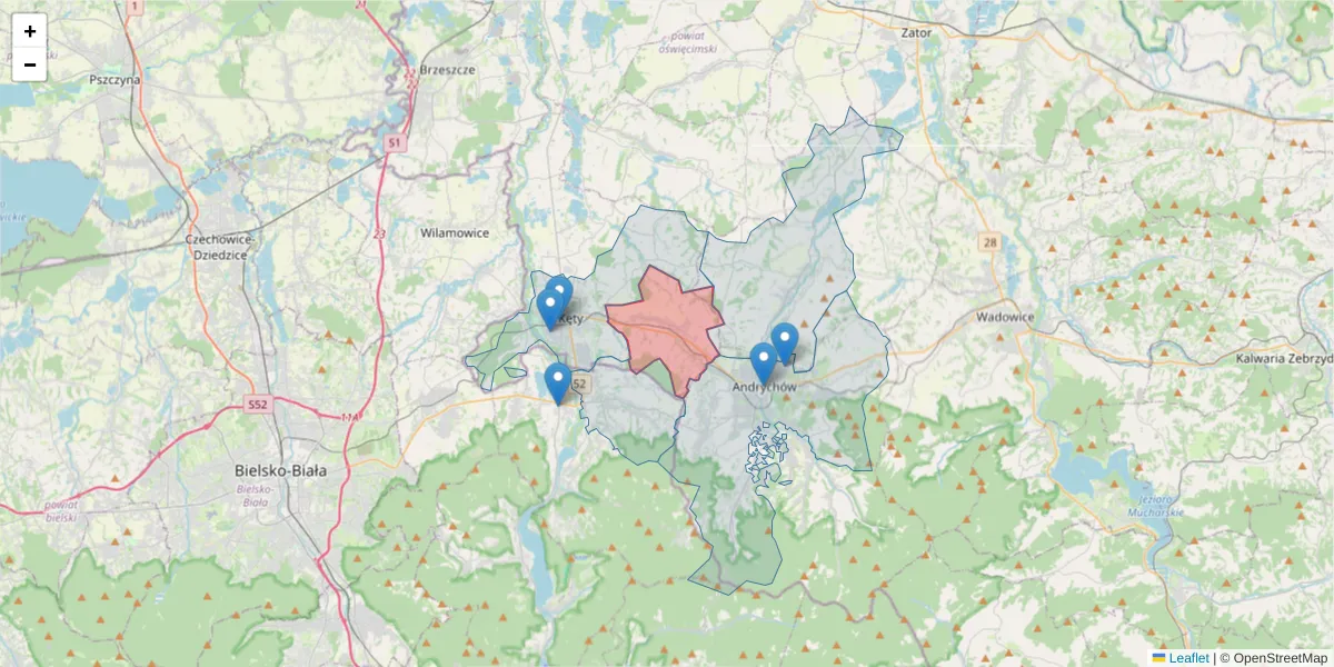 Szczegółowa mapa kodu pocztowego 32-652 z granicami, sąsiednimi kodami pocztowymi i urzędami pocztowymi