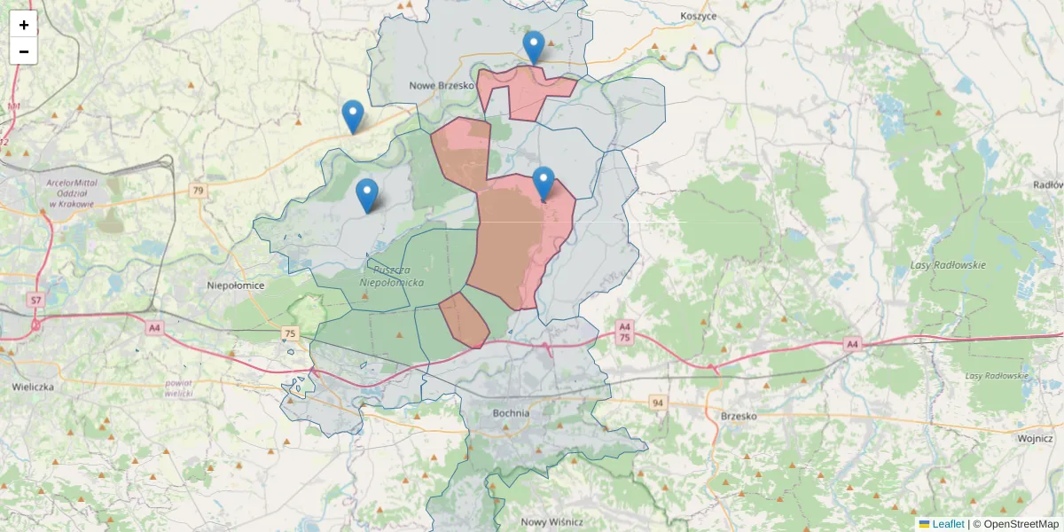 Szczegółowa mapa kodu pocztowego 32-708 z granicami, sąsiednimi kodami pocztowymi i urzędami pocztowymi
