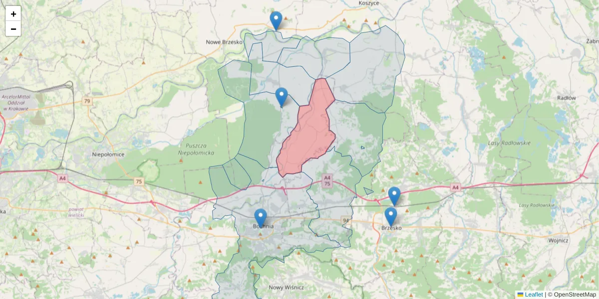 Szczegółowa mapa kodu pocztowego 32-711 z granicami, sąsiednimi kodami pocztowymi i urzędami pocztowymi