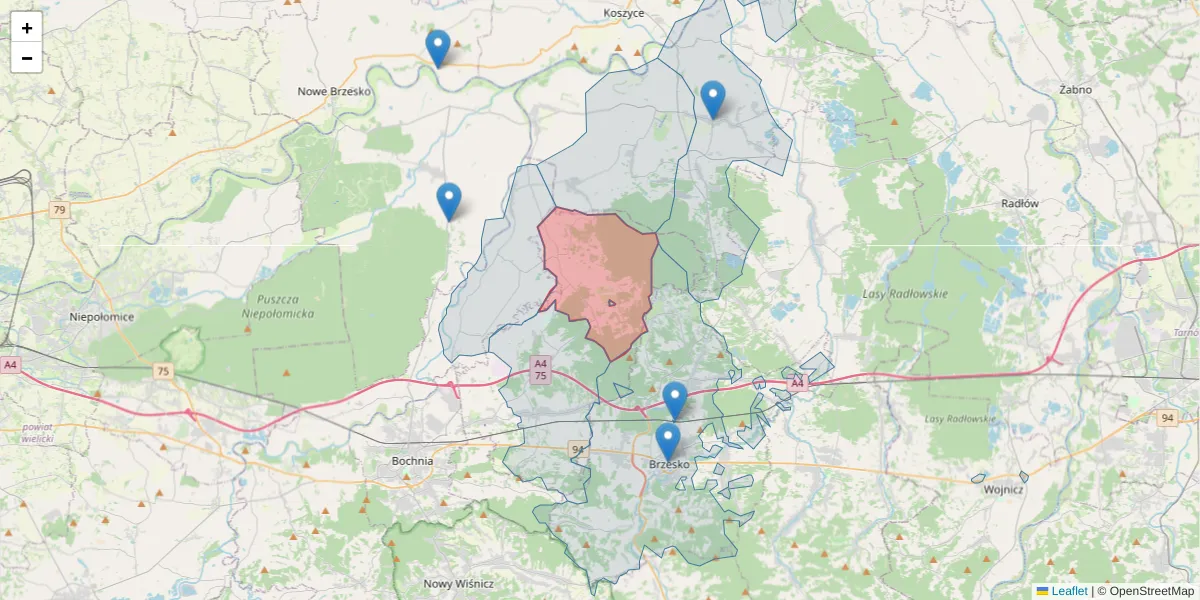 Szczegółowa mapa kodu pocztowego 32-712 z granicami, sąsiednimi kodami pocztowymi i urzędami pocztowymi