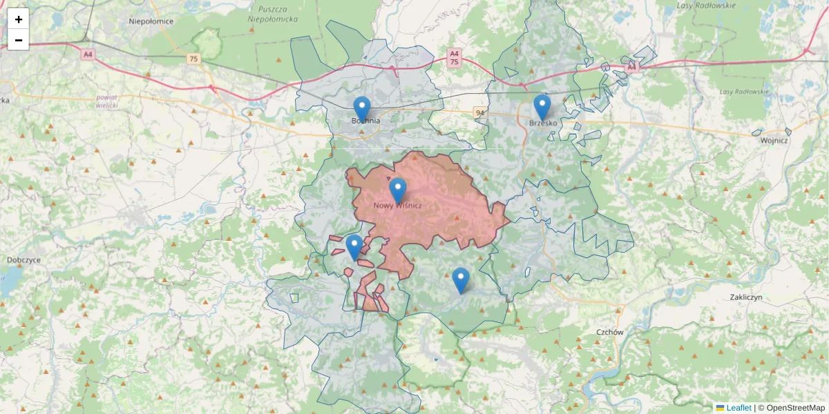Szczegółowa mapa kodu pocztowego 32-720 z granicami, sąsiednimi kodami pocztowymi i urzędami pocztowymi