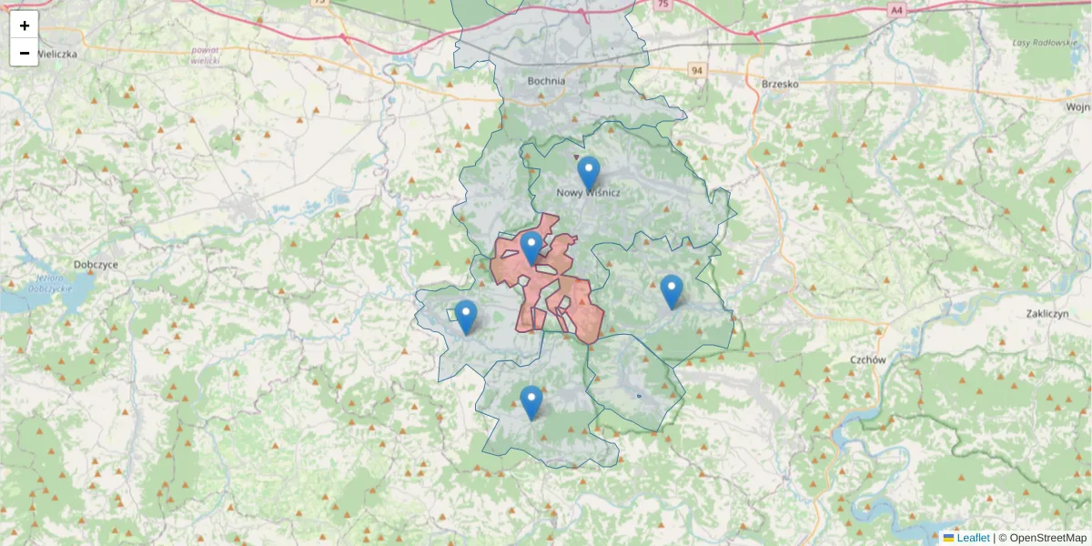 Szczegółowa mapa kodu pocztowego 32-722 z granicami, sąsiednimi kodami pocztowymi i urzędami pocztowymi