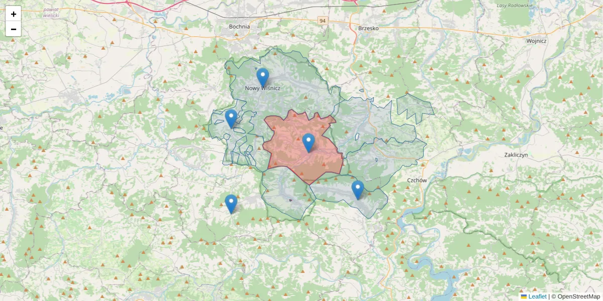 Szczegółowa mapa kodu pocztowego 32-724 z granicami, sąsiednimi kodami pocztowymi i urzędami pocztowymi