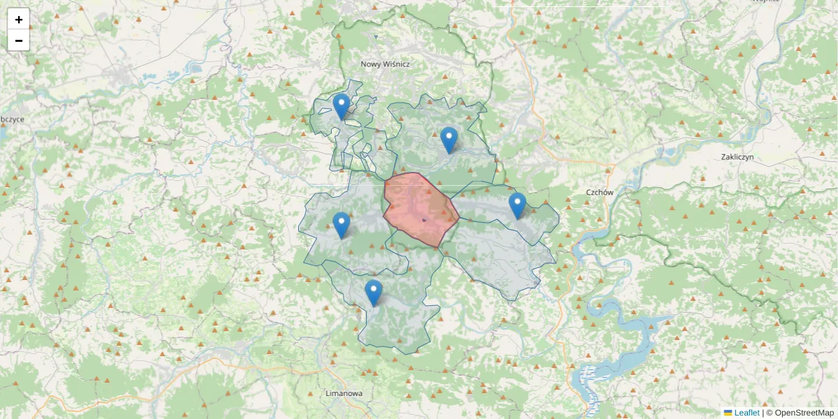 Szczegółowa mapa kodu pocztowego 32-725 z granicami, sąsiednimi kodami pocztowymi i urzędami pocztowymi