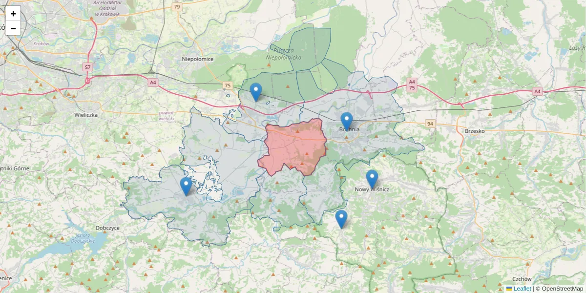 Szczegółowa mapa kodu pocztowego 32-744 z granicami, sąsiednimi kodami pocztowymi i urzędami pocztowymi